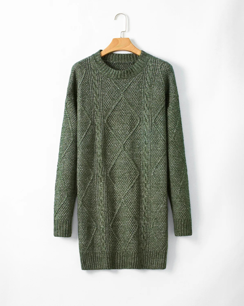 Round Neck Long Sleeve Drop Shoulder Pullover Sweater Casual Loose Fit Cable Knit Mid-length Sweater