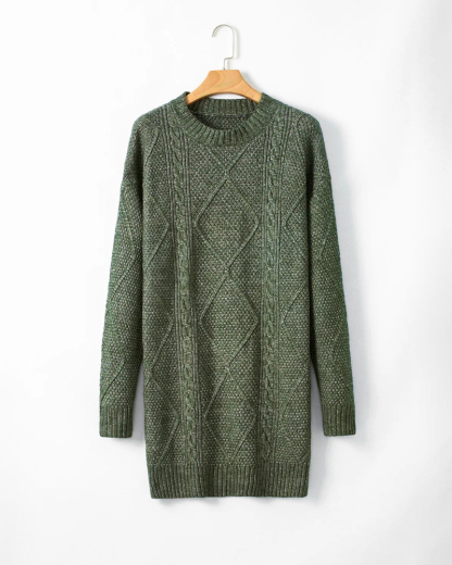 Round Neck Long Sleeve Drop Shoulder Pullover Sweater Casual Loose Fit Cable Knit Mid-length Sweater