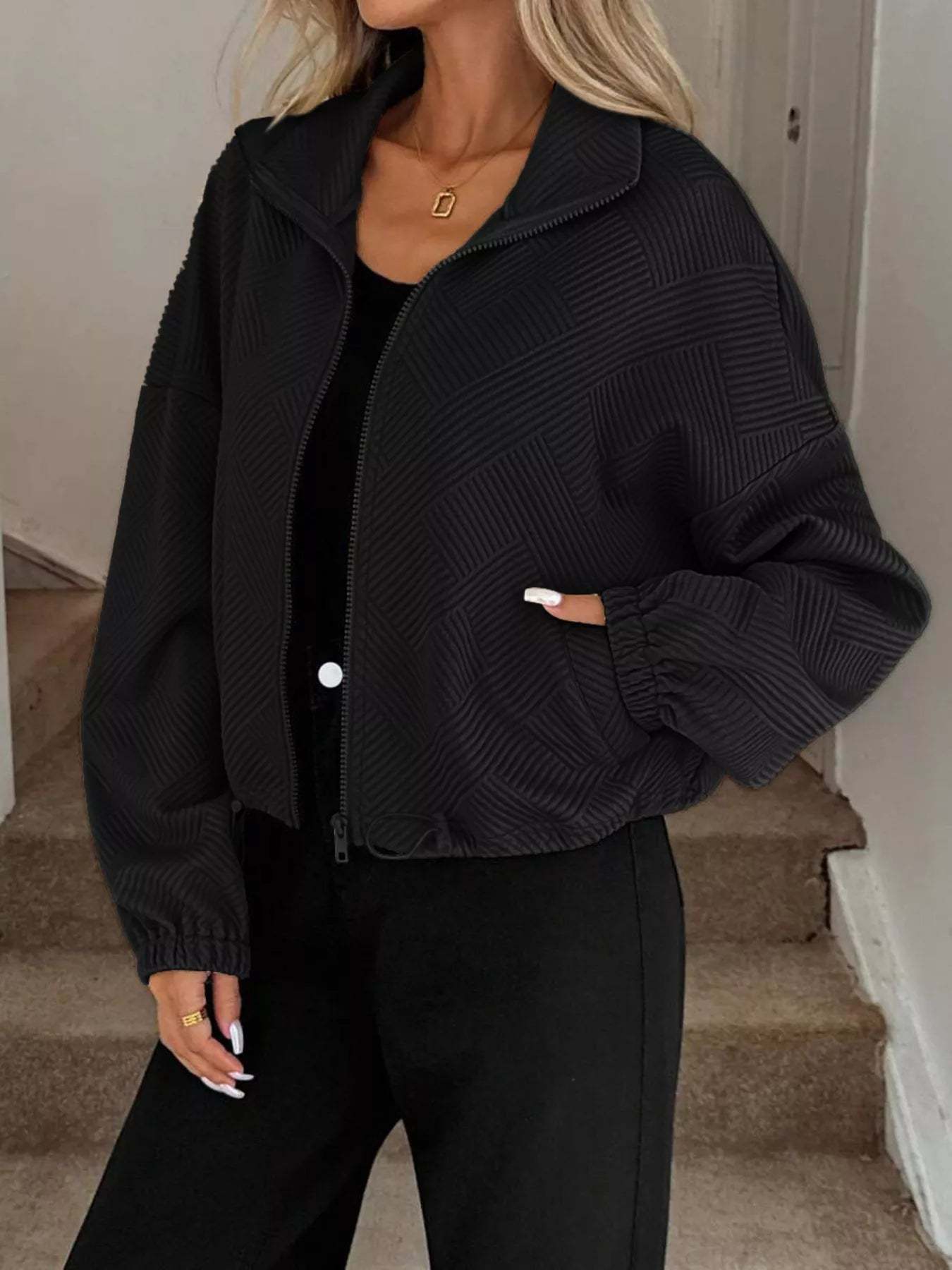 Drawstring Hem Textured Long Sleeve Jacket