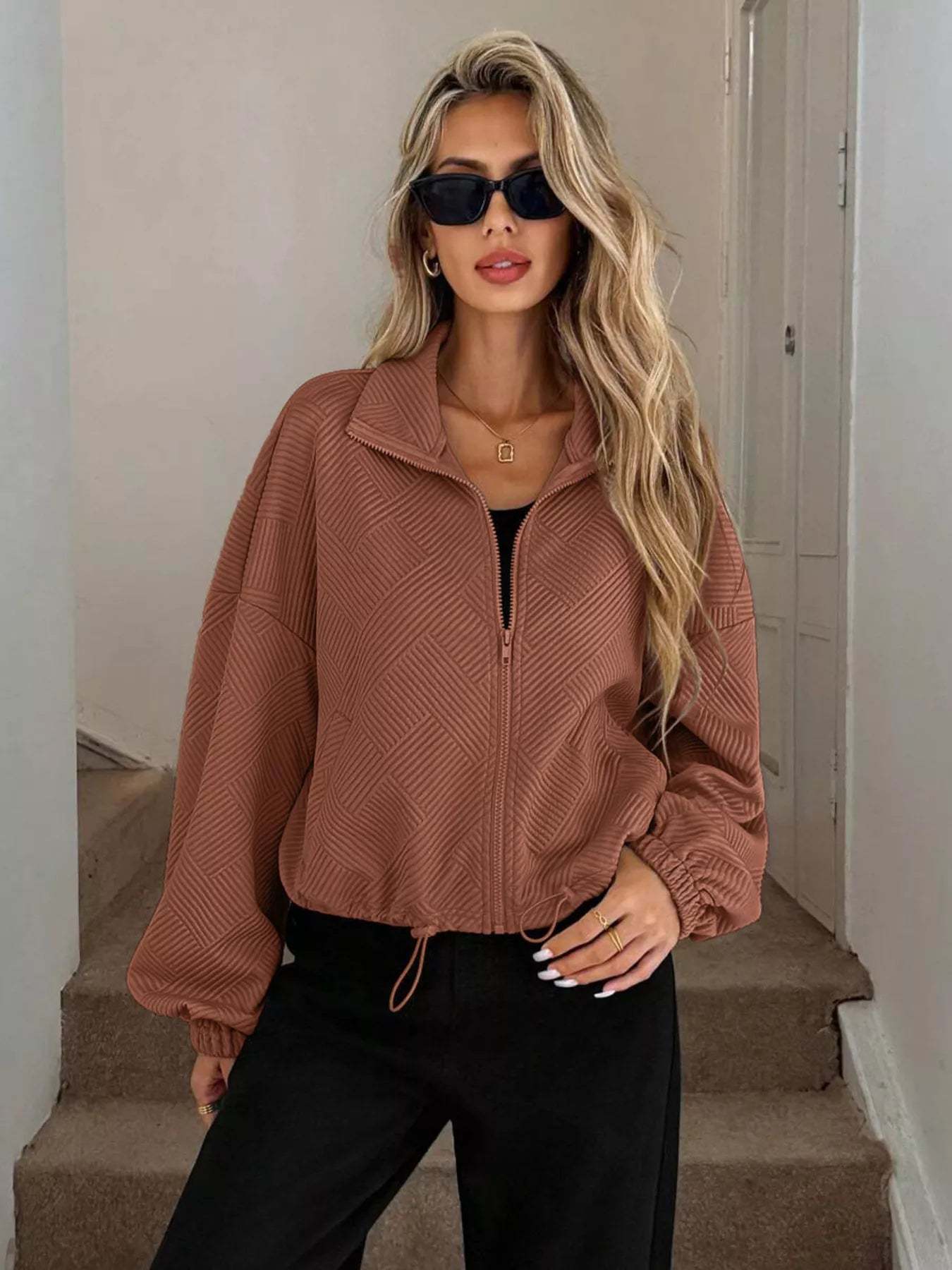 Drawstring Hem Textured Long Sleeve Jacket