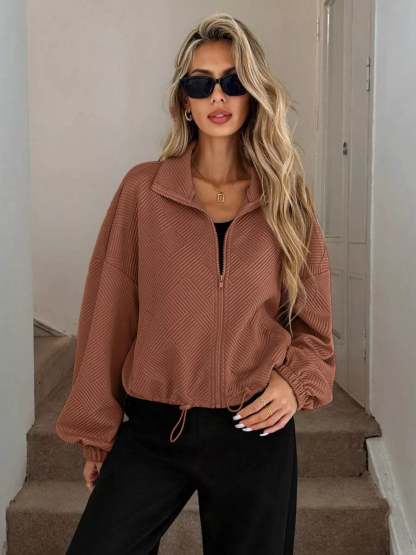 Drawstring Hem Textured Long Sleeve Jacket