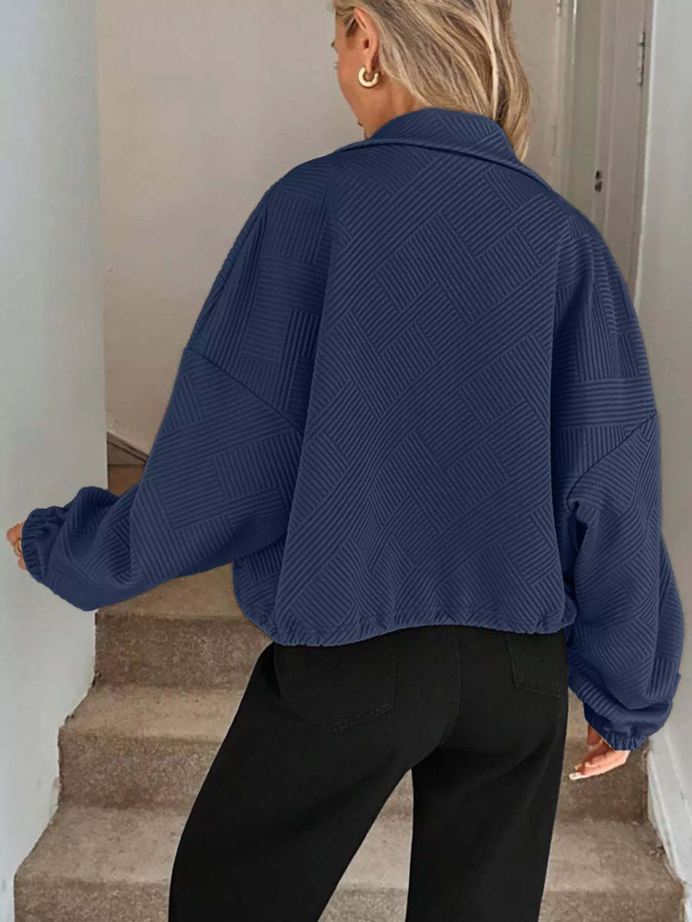 Drawstring Hem Textured Long Sleeve Jacket