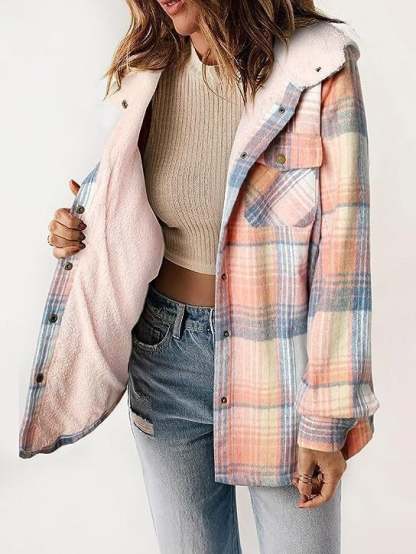 Women's Autumn/Winter Plaid Jacket Long Sleeve Buckle  Hooded Jacket Warm Coat