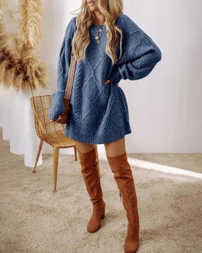 Round Neck Long Sleeve Drop Shoulder Pullover Sweater Casual Loose Fit Cable Knit Mid-length Sweater