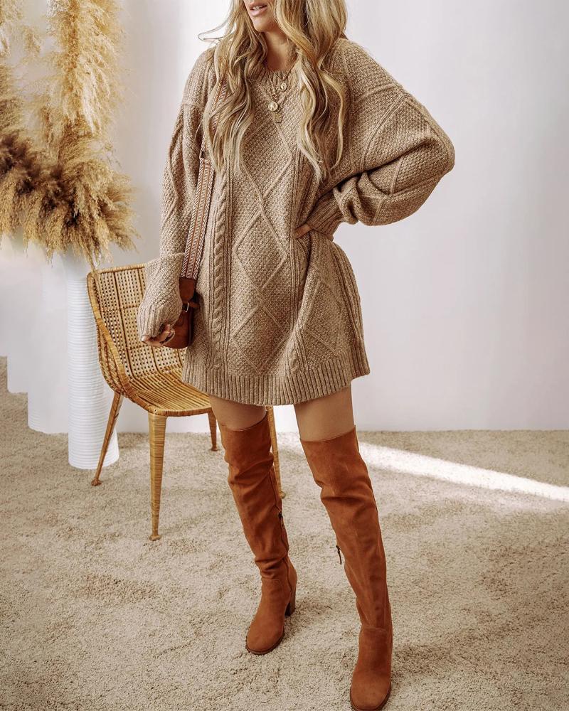 Round Neck Long Sleeve Drop Shoulder Pullover Sweater Casual Loose Fit Cable Knit Mid-length Sweater