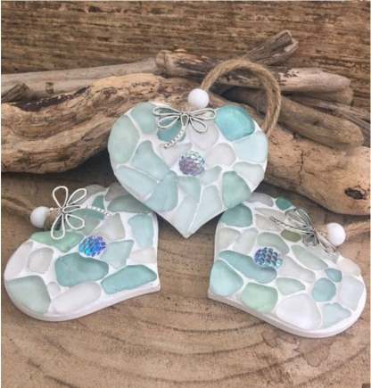 🌊Transforming Ocean Treasures into Eco-Friendly Art -Small Sea Glass Mosaic Hanging Heart