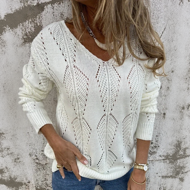 Open-Knit Reversible Sweater with Double V-Neck and Button Detail 