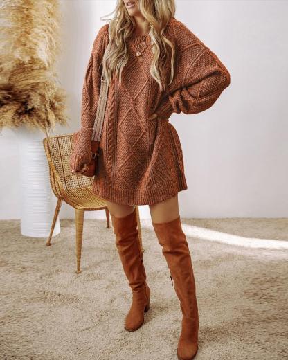 Round Neck Long Sleeve Drop Shoulder Pullover Sweater Casual Loose Fit Cable Knit Mid-length Sweater