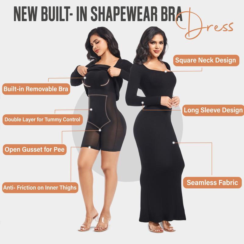 Built-in Shaper Dress with Square Neck, Long Sleeve, Tummy Control, and Bodycon Shapewear for Women