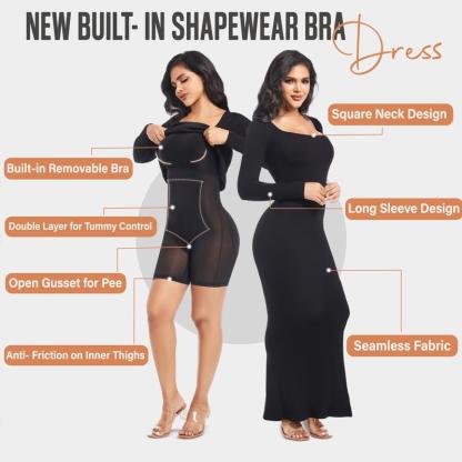 Built-in Shaper Dress with Square Neck, Long Sleeve, Tummy Control, and Bodycon Shapewear for Women
