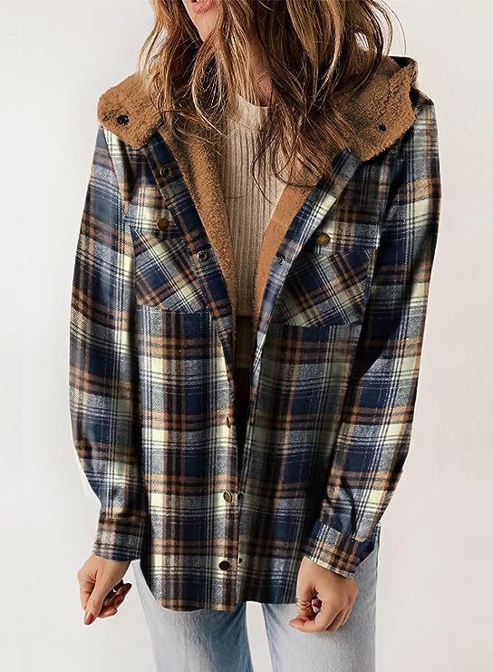 Women's Autumn/Winter Plaid Jacket Long Sleeve Buckle  Hooded Jacket Warm Coat