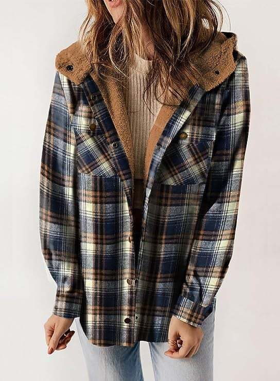 Women's Autumn/Winter Plaid Jacket Long Sleeve Buckle  Hooded Jacket Warm Coat
