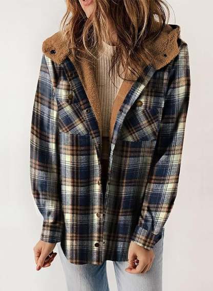 Women's Autumn/Winter Plaid Jacket Long Sleeve Buckle  Hooded Jacket Warm Coat