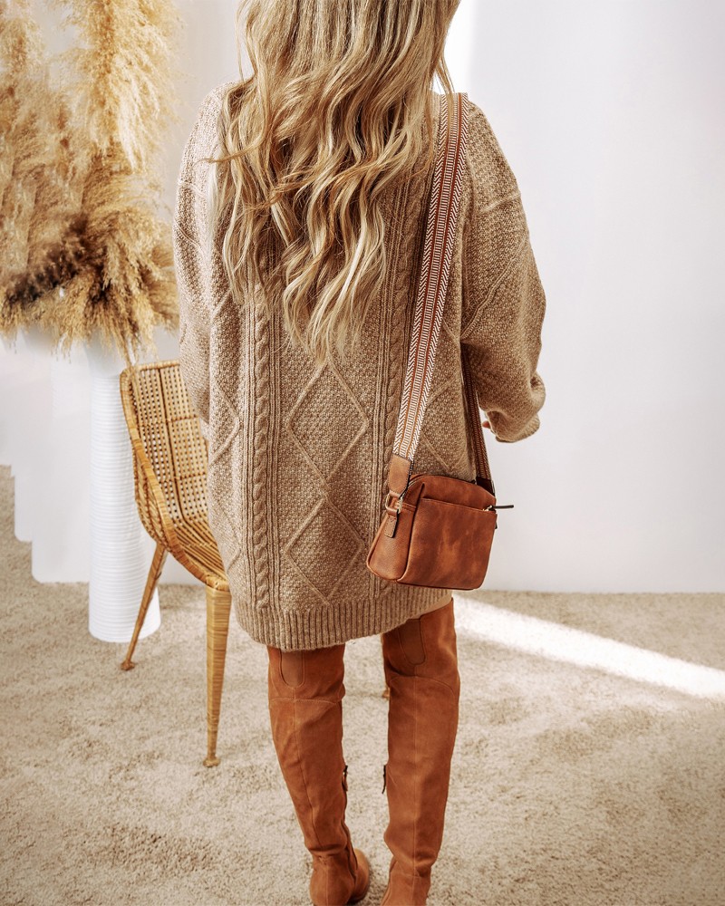 Round Neck Long Sleeve Drop Shoulder Pullover Sweater Casual Loose Fit Cable Knit Mid-length Sweater
