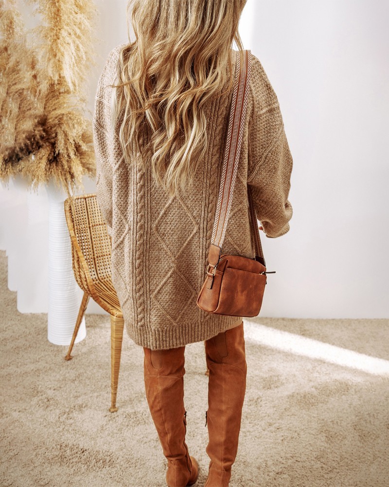 Round Neck Long Sleeve Drop Shoulder Pullover Sweater Casual Loose Fit Cable Knit Mid-length Sweater
