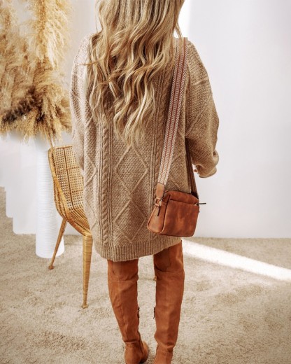 Round Neck Long Sleeve Drop Shoulder Pullover Sweater Casual Loose Fit Cable Knit Mid-length Sweater