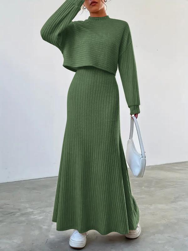 Women's Solid Color Long Sleeve Top & Long Skirt Set