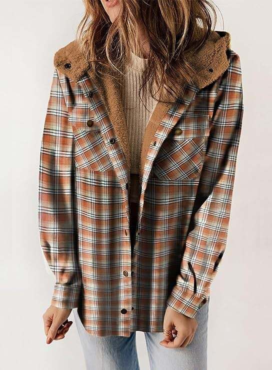 Women's Autumn/Winter Plaid Jacket Long Sleeve Buckle  Hooded Jacket Warm Coat