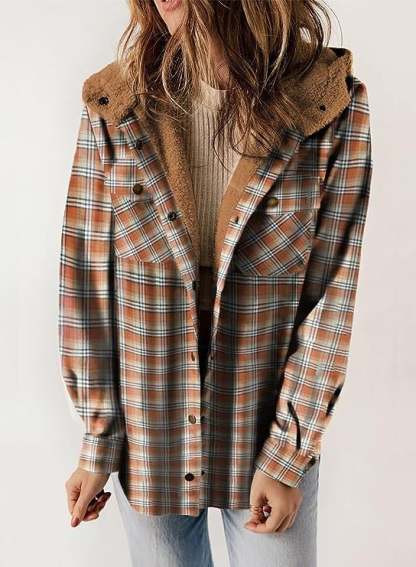 Women's Autumn/Winter Plaid Jacket Long Sleeve Buckle  Hooded Jacket Warm Coat