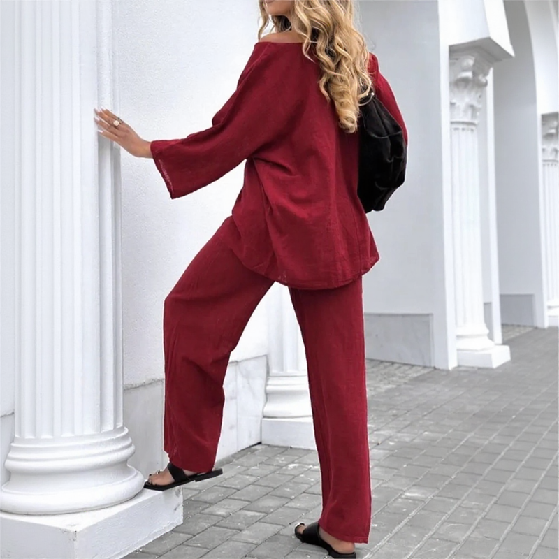Cotton Linen Set with Casual Blouse and Straight-Leg Pants / Modern Versatility at its Most Chic!