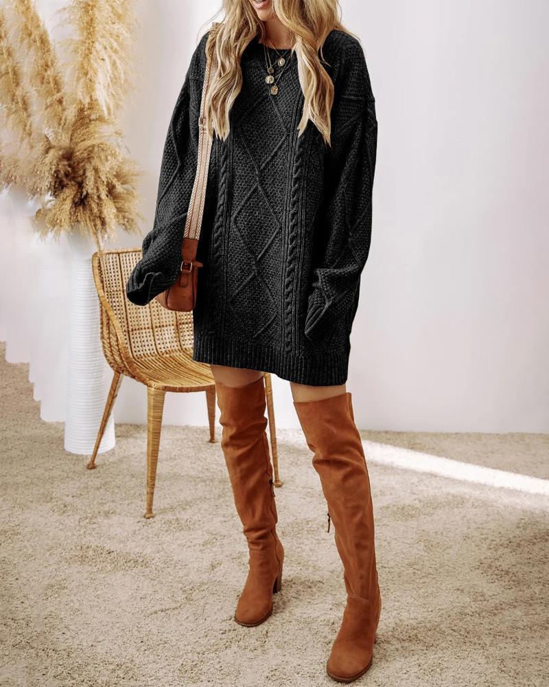 Round Neck Long Sleeve Drop Shoulder Pullover Sweater Casual Loose Fit Cable Knit Mid-length Sweater