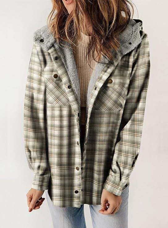 Women's Autumn/Winter Plaid Jacket Long Sleeve Buckle  Hooded Jacket Warm Coat
