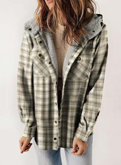 Women's Autumn/Winter Plaid Jacket Long Sleeve Buckle  Hooded Jacket Warm Coat