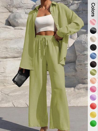 Two-Piece Set Women's Solid Button Front Shirt & Drawstring Waist Wide Leg Pants, Casual Drop Shoulder Long Sleeve Top & High Waist Trousers For Spring & Fall, Ladies Clothes For Daily Wear