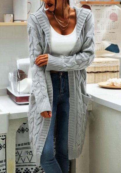 Women's Cable Knit Long Sleeve Sweater Cardigan Open Front Long Cardigans Pocket Hooded Casual Outwear