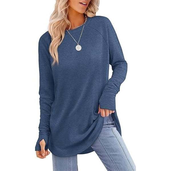 Womens Tunic Tops to Wear with Leggings Long Sleeve Thumb Crew Neck Curved Hem