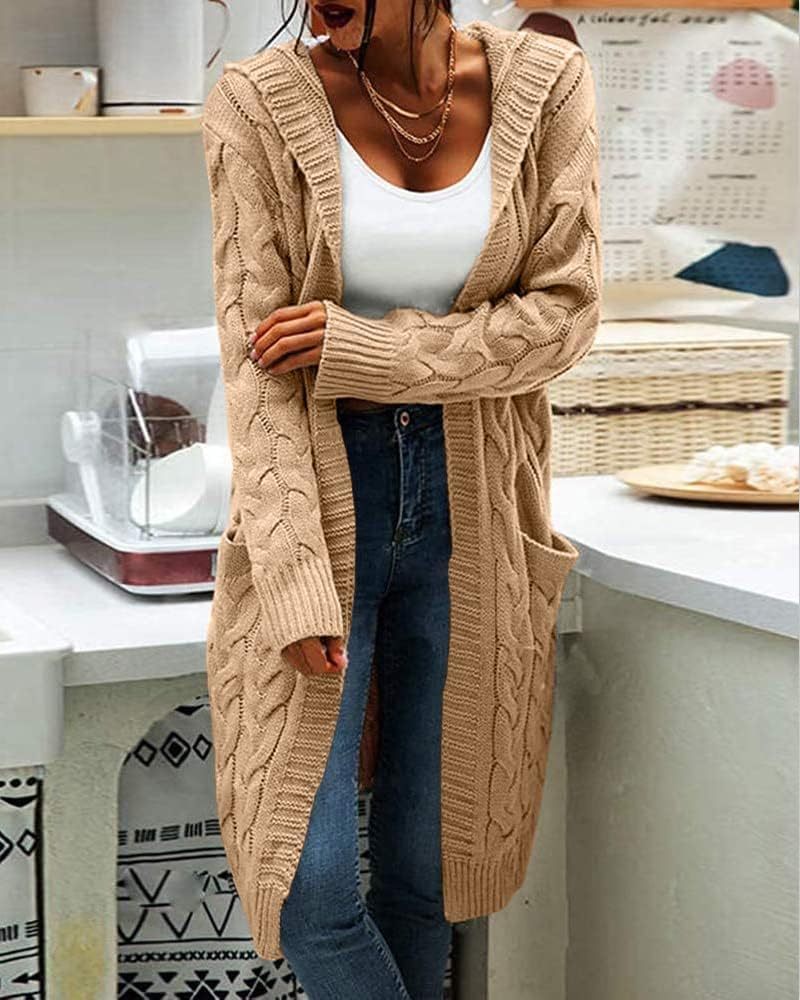 Women's Cable Knit Long Sleeve Sweater Cardigan Open Front Long Cardigans Pocket Hooded Casual Outwear