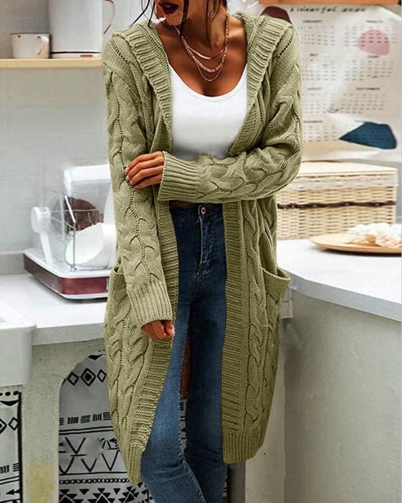 Women's Cable Knit Long Sleeve Sweater Cardigan Open Front Long Cardigans Pocket Hooded Casual Outwear