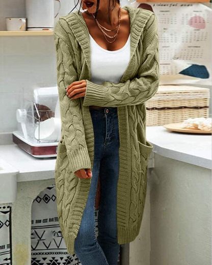 Women's Cable Knit Long Sleeve Sweater Cardigan Open Front Long Cardigans Pocket Hooded Casual Outwear