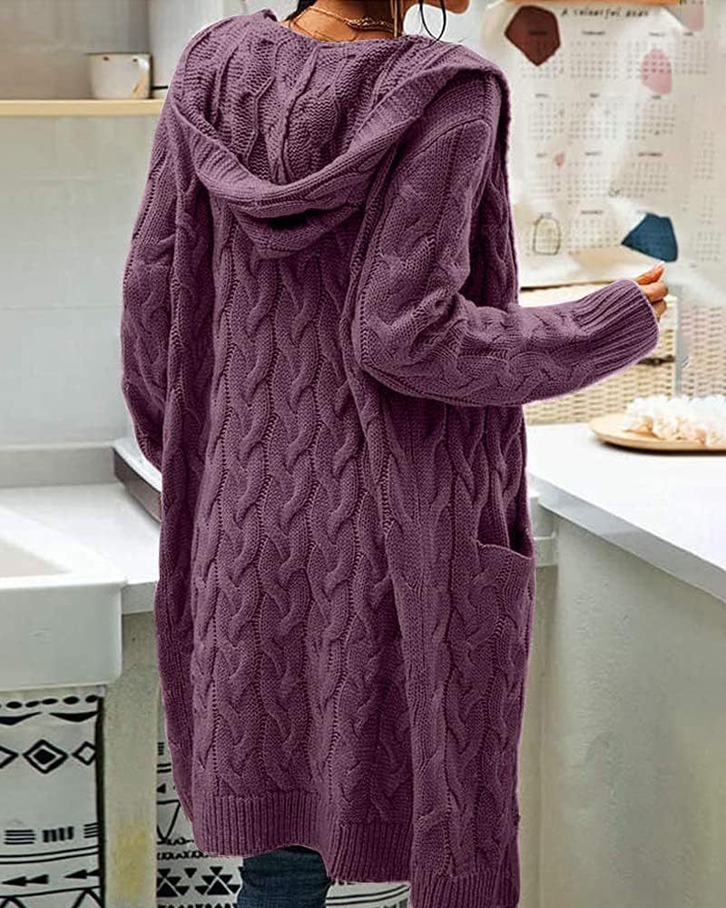Women's Cable Knit Long Sleeve Sweater Cardigan Open Front Long Cardigans Pocket Hooded Casual Outwear