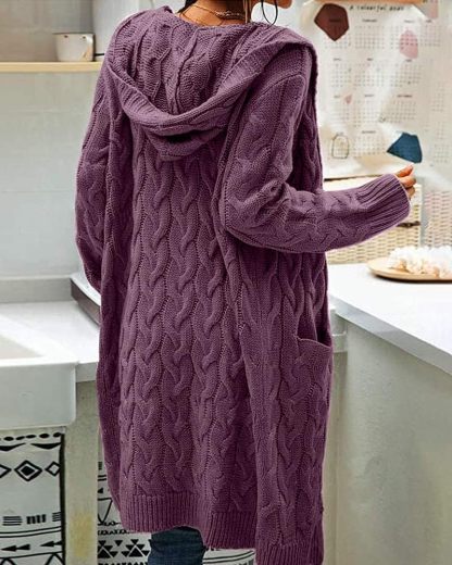 Women's Cable Knit Long Sleeve Sweater Cardigan Open Front Long Cardigans Pocket Hooded Casual Outwear