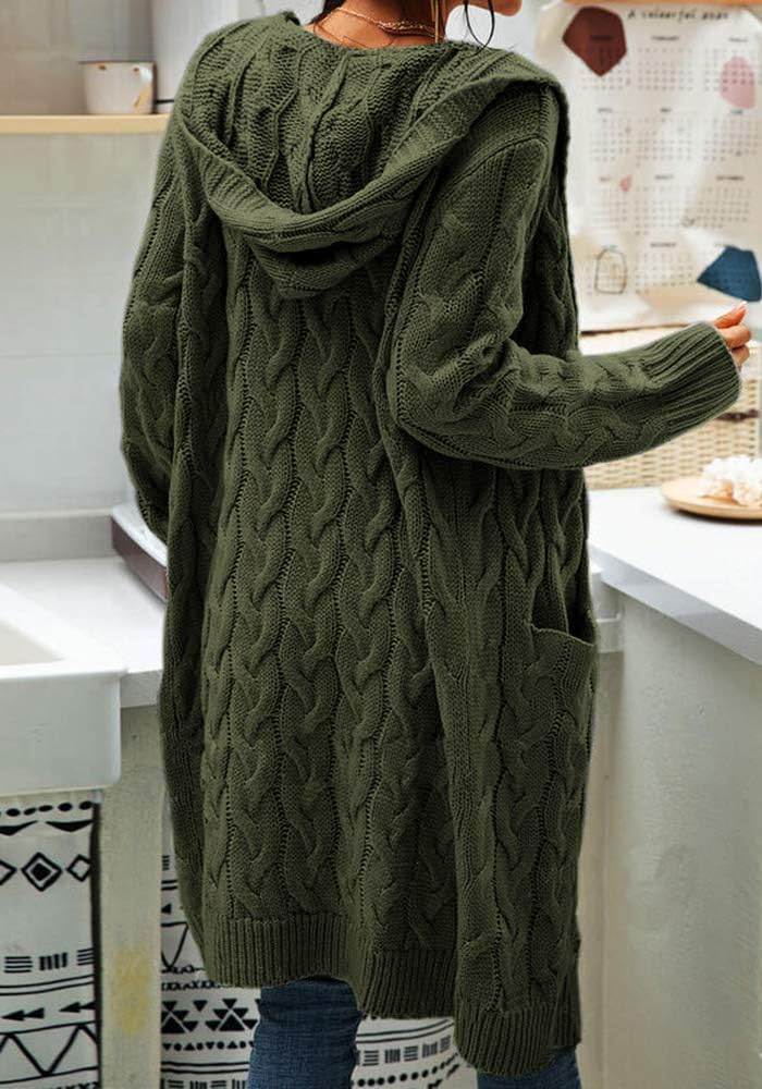 Women's Cable Knit Long Sleeve Sweater Cardigan Open Front Long Cardigans Pocket Hooded Casual Outwear