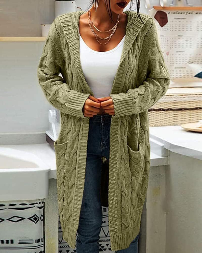 Women's Cable Knit Long Sleeve Sweater Cardigan Open Front Long Cardigans Pocket Hooded Casual Outwear