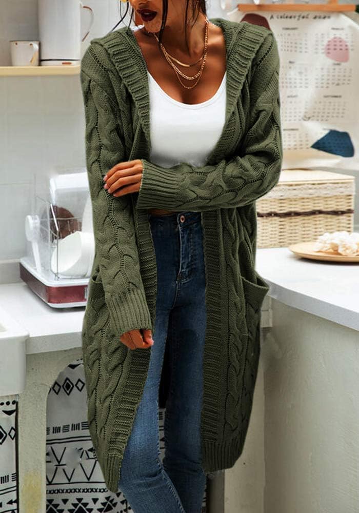 Women's Cable Knit Long Sleeve Sweater Cardigan Open Front Long Cardigans Pocket Hooded Casual Outwear