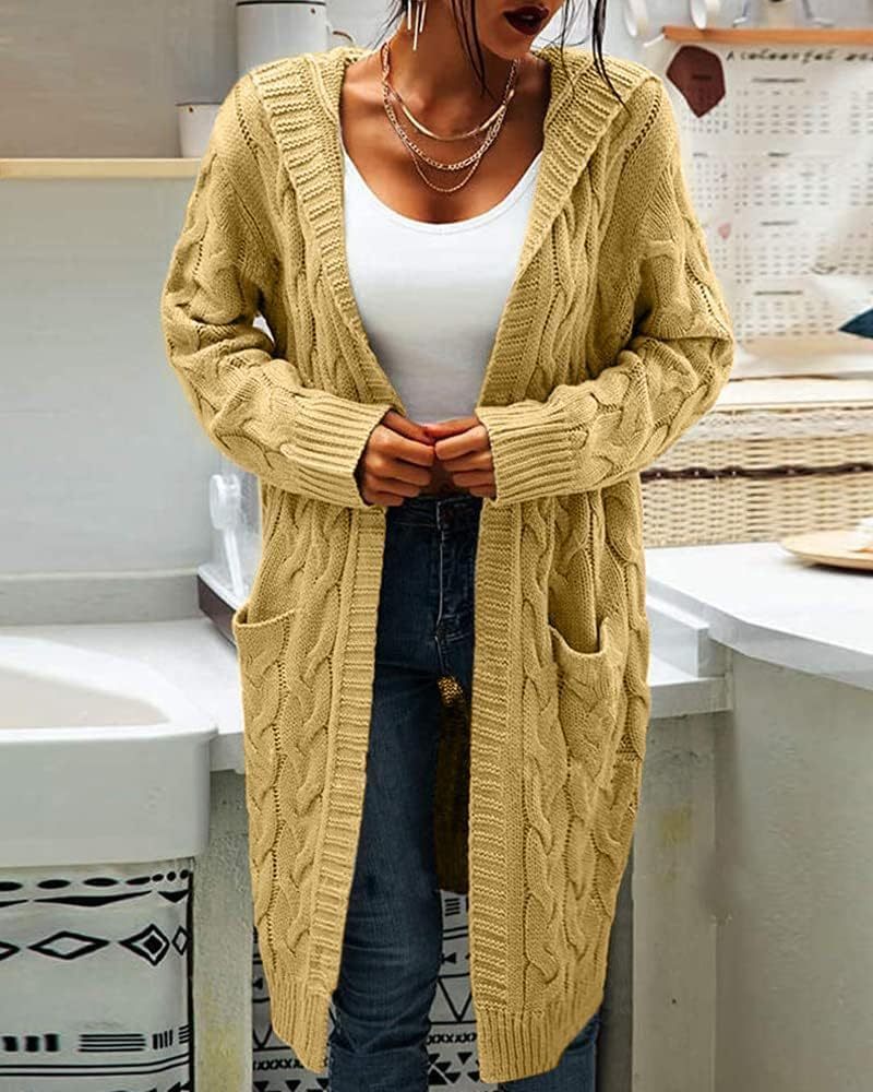 Women's Cable Knit Long Sleeve Sweater Cardigan Open Front Long Cardigans Pocket Hooded Casual Outwear