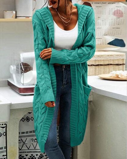 Women's Cable Knit Long Sleeve Sweater Cardigan Open Front Long Cardigans Pocket Hooded Casual Outwear