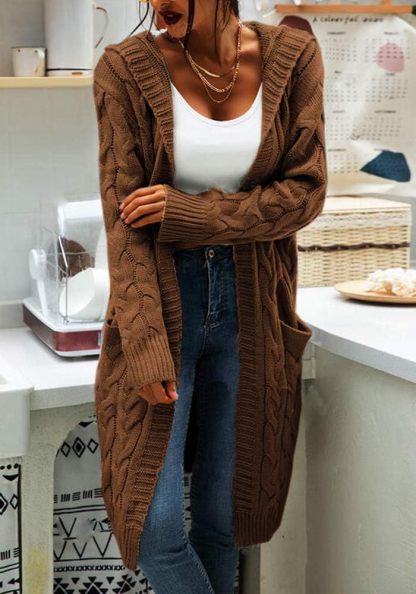 Women's Cable Knit Long Sleeve Sweater Cardigan Open Front Long Cardigans Pocket Hooded Casual Outwear