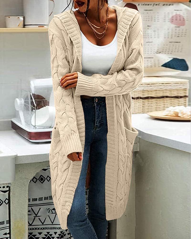 Women's Cable Knit Long Sleeve Sweater Cardigan Open Front Long Cardigans Pocket Hooded Casual Outwear