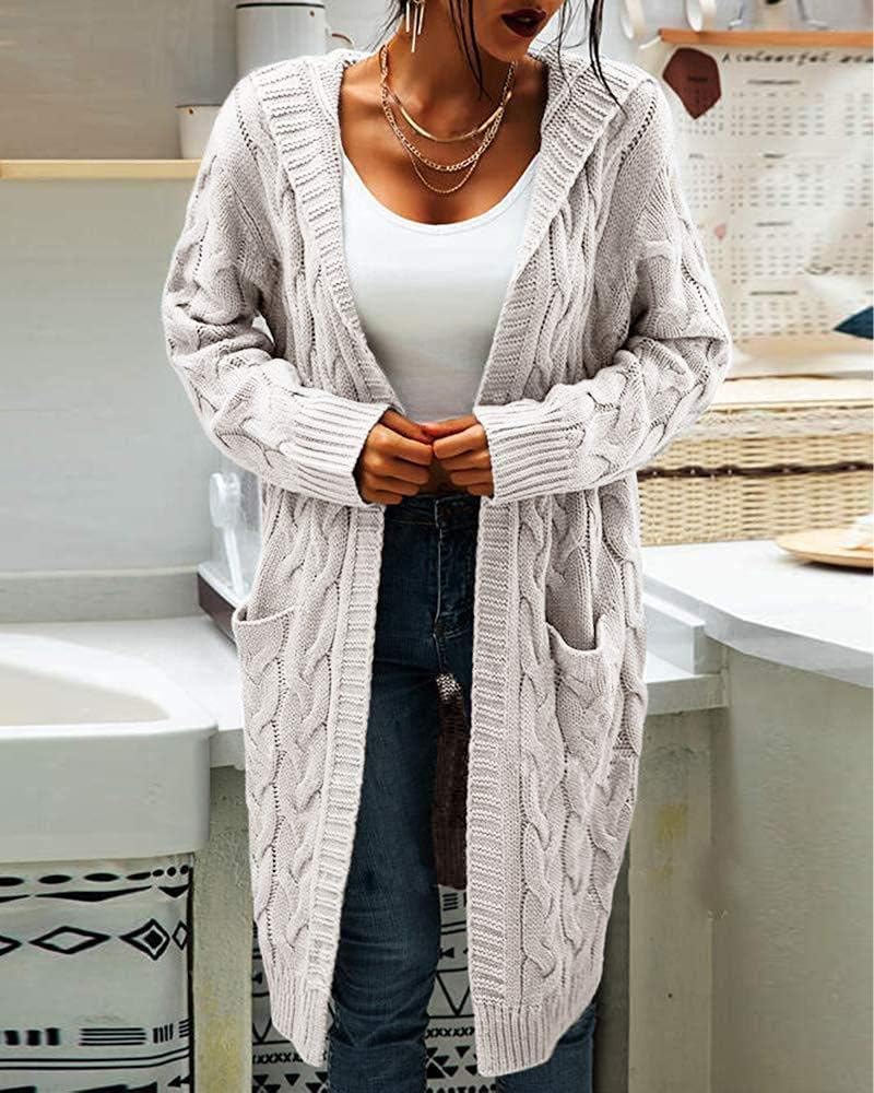 Women's Cable Knit Long Sleeve Sweater Cardigan Open Front Long Cardigans Pocket Hooded Casual Outwear