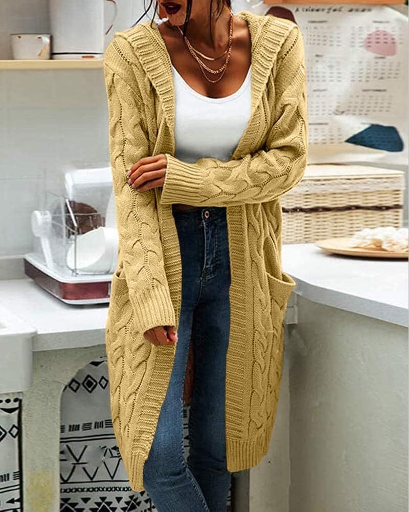 Women's Cable Knit Long Sleeve Sweater Cardigan Open Front Long Cardigans Pocket Hooded Casual Outwear