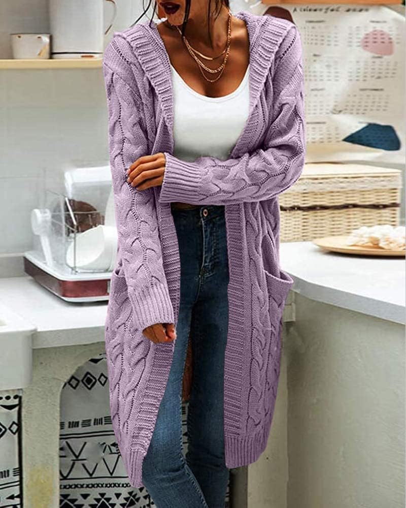 Women's Cable Knit Long Sleeve Sweater Cardigan Open Front Long Cardigans Pocket Hooded Casual Outwear