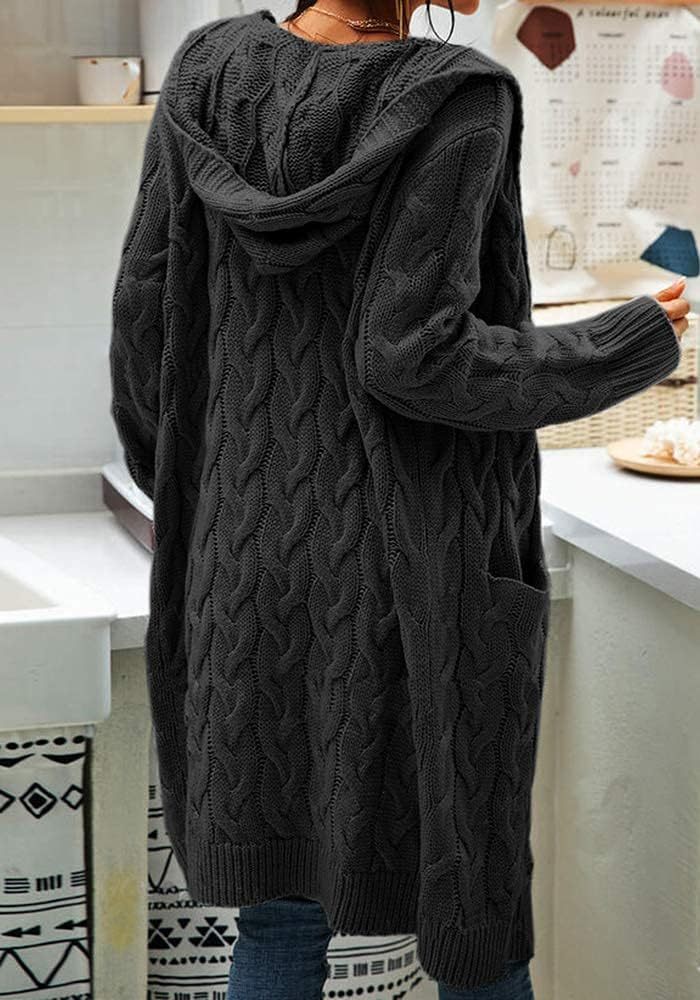 Women's Cable Knit Long Sleeve Sweater Cardigan Open Front Long Cardigans Pocket Hooded Casual Outwear