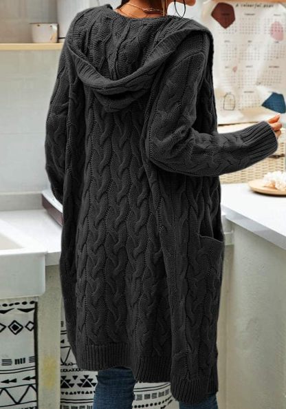 Women's Cable Knit Long Sleeve Sweater Cardigan Open Front Long Cardigans Pocket Hooded Casual Outwear