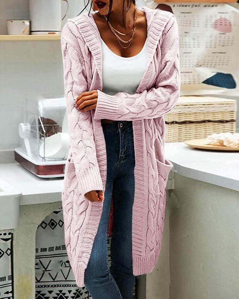 Women's Cable Knit Long Sleeve Sweater Cardigan Open Front Long Cardigans Pocket Hooded Casual Outwear