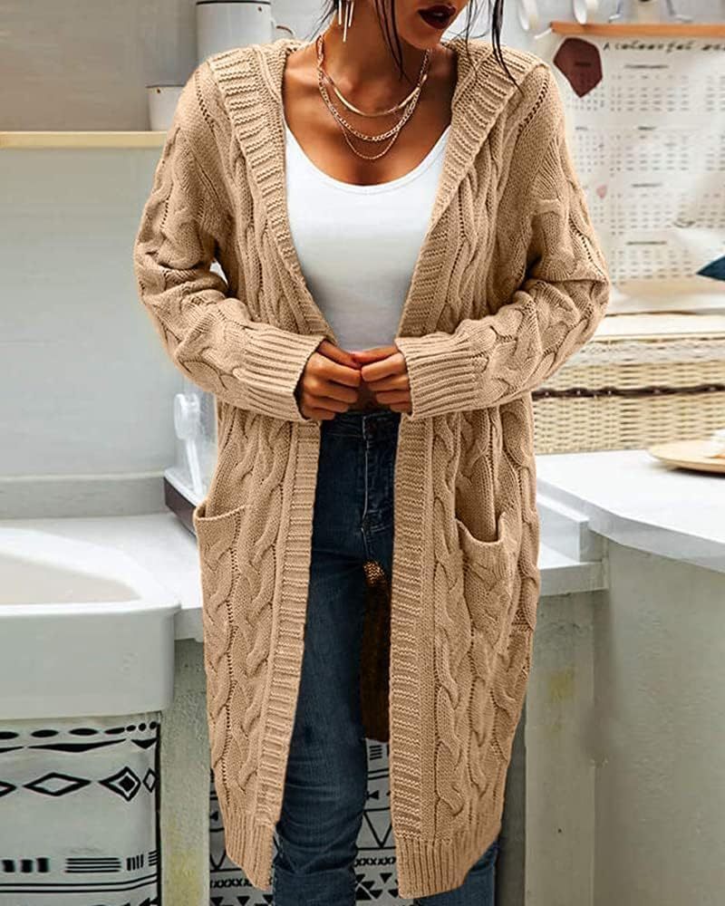 Women's Cable Knit Long Sleeve Sweater Cardigan Open Front Long Cardigans Pocket Hooded Casual Outwear