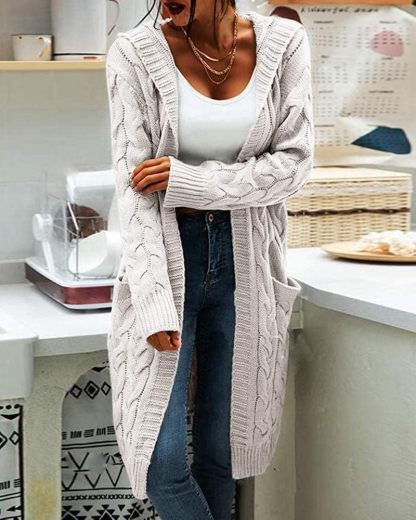 Women's Cable Knit Long Sleeve Sweater Cardigan Open Front Long Cardigans Pocket Hooded Casual Outwear
